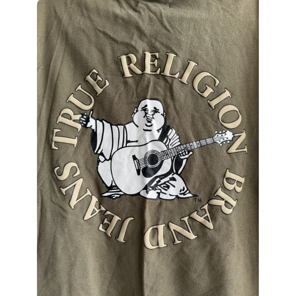 True Religion‎ Mens XL Olive Green Buddha Guitar Graphic Polo Shirt Short Sleeve